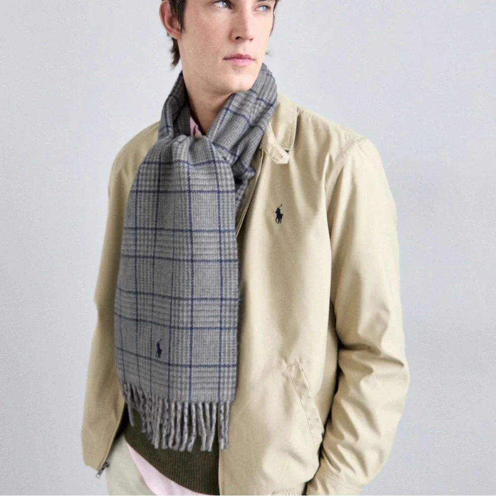 Polo Ralph Lauren Gray Blue Herringbone Plaid Fringed Wool Scarf